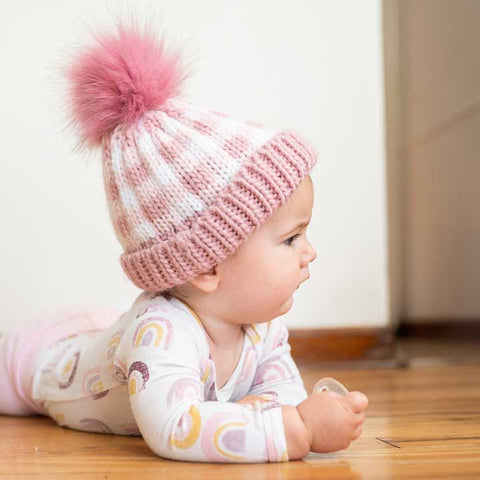 Huggalugs Pom Pom Beanie - Rosy Pink Buffalo Check - Let Them Be Little, A Baby & Children's Boutique
