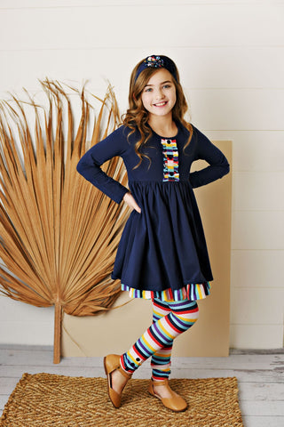 Serendipity Navy Dress w/ Stripe Legging F2121 - School Girl Collection - Let Them Be Little, A Baby & Children's Clothing Boutique