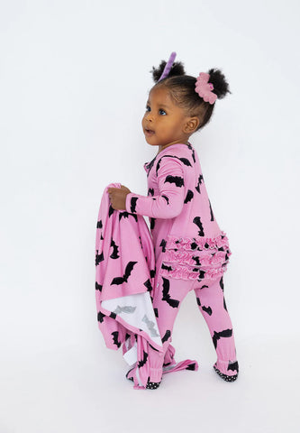 Little Pajama Co. Ruffled Zip Footed Onesie - Pink Bats - Let Them Be Little, A Baby & Children's Clothing Boutique
