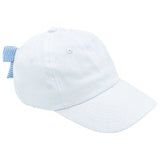 Bits & Bows Women’s Baseball Hat Winnie White w/ Blue & White Seersucker Bow - Blank - Let Them Be Little, A Baby & Children's Clothing Boutique