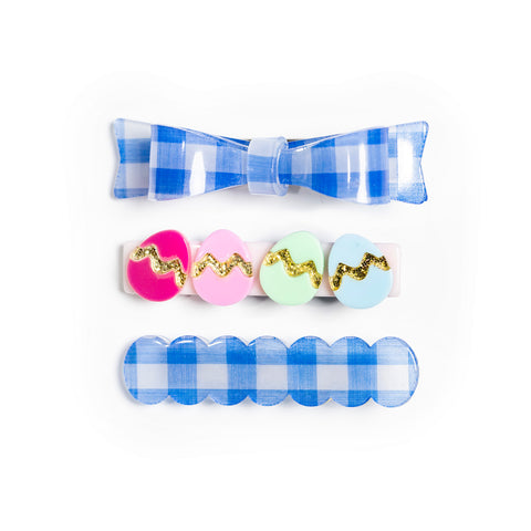 Lilies & Roses Alligator Clip Set of Three - Colorful Easter Eggs with Blue Plaid Bow - Let Them Be Little, A Baby & Children's Clothing Boutique