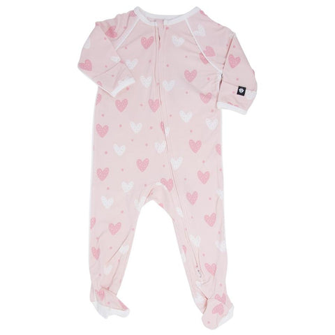 Sweet Bamboo Piped Zipper Footie - Pink Hearts - Let Them Be Little, A Baby & Children's Boutique