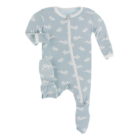 Kickee Pants Print Footie with Zipper - Pearl Blue Bunny - Let Them Be Little, A Baby & Children's Clothing Boutique