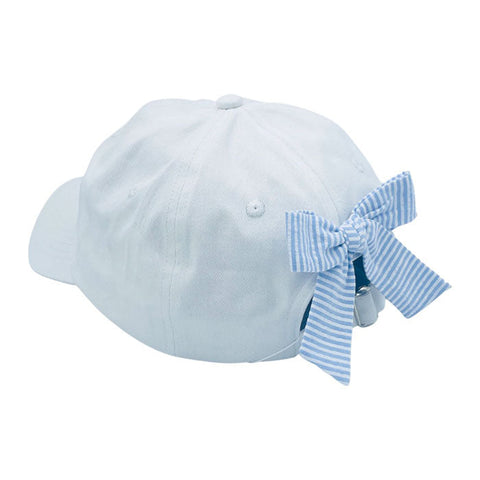 Bits & Bows Baseball Hat Winnie White w/ Blue & White Seersucker Bow - Blank - Let Them Be Little, A Baby & Children's Clothing Boutique
